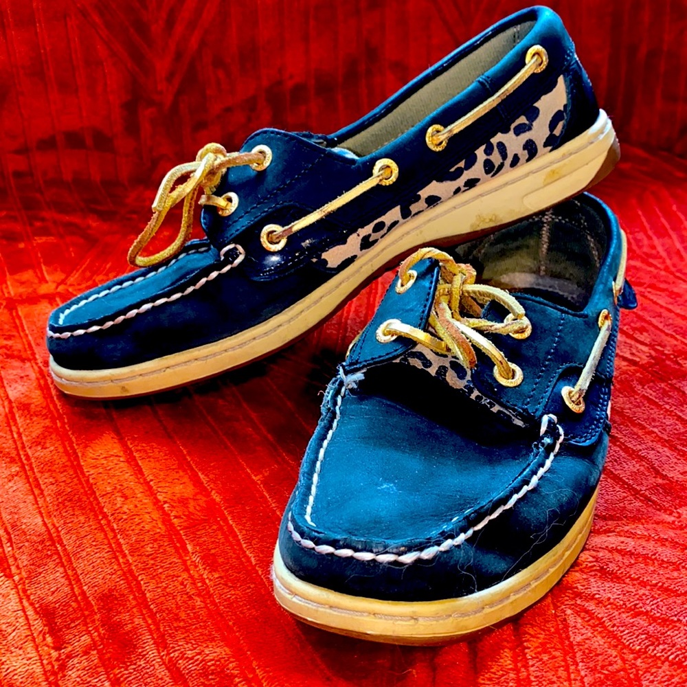 Sperry Topsider black and leopard boat shoes